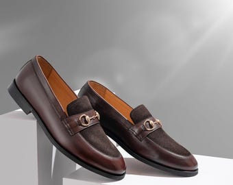 Men's Brown Leather Suede Horsebit Loafers, Handmade Slip On Dress Shoes