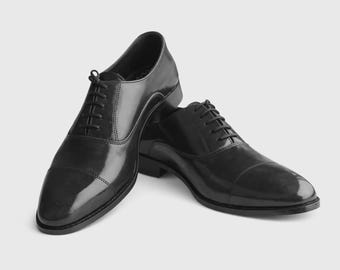 Men's Handmade Black Calf Leather Shoes, Goodyear Welted Toe Cap Dress Shoes