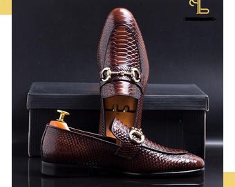 Handmade Brown Snake Pattern Leather Horsebit Loafers Men Luxury Slip On Dress Shoes