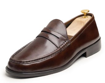 Handmade Brown Leather Penny Loafers Men Classic Slip On Dress Shoes