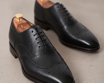 Black Leather Oxford Brogue Shoes Handmade Mens Wingtip Dress Shoes Formal