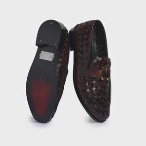 Handmade brown woven leather loafers for men with gold bee ornament, luxury slip-on formal dress shoes.