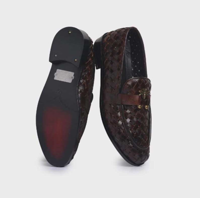 Handmade brown woven leather loafers for men with gold bee ornament, luxury slip-on formal dress shoes.
