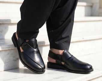 Handcrafted Black Leather Peshawari Chappal Sandals for Men