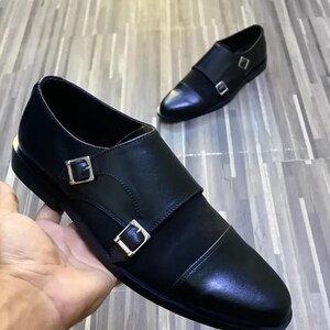 Handmade Black Leather Suede Double Monk Strap Shoes
