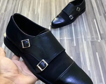 Handmade Black Leather Suede Double Monk Strap Shoes