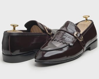 Handmade Burgundy Patent Leather Loafers for Men – Fringe Strap Buckle Dress Shoes