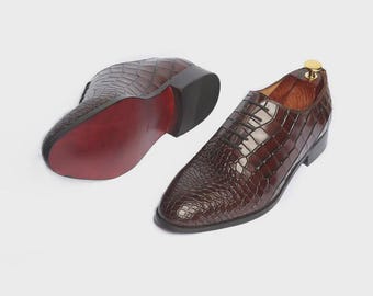 Zapatos Oxford de piel con relieve de cocodrilo hechos a mano – Pátina marrón, ropa formal de negocios