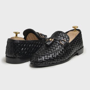 Handmade Black Leather Tassel Loafers: Woven Moccasin Shoes