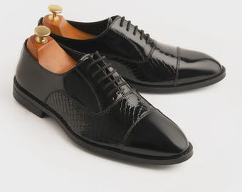 Men's Black Patent Leather Cap Toe Oxford Shoes, Formal Wedding Dress Footwear