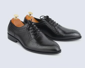 Handmade Black Leather Wingtip Brogue Oxford Shoes, Men's Formal Business Footwear