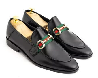 Handmade Black Leather Loafers with Green Red Strap | Classic Horsebit Slip-On Shoes for Men
