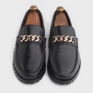 Handmade Black Leather Chain Loafers for Men, genuine calfskin, crocodile embossed vamp, gold-tone chain, lug sole, dress casual, gift ready