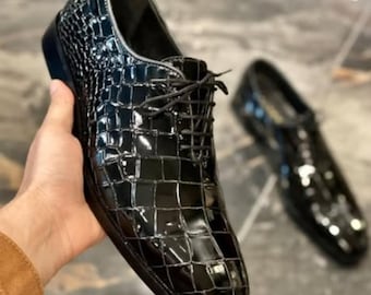 Handmade Men's Black Crocodile Pattern Leather Shoes Formal Dress Shoe Lace Up