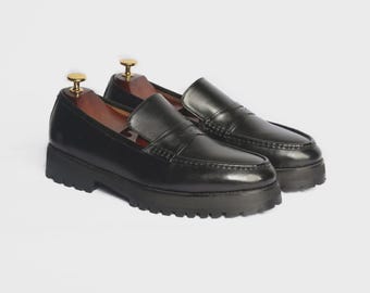 Mocassins Penny à semelle épaisse en cuir noir pour hommes, chaussures habillées cousues à la main