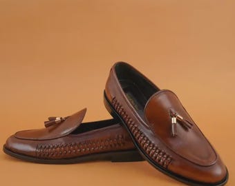 Handmade Brown Leather Tassel Loafers Men Luxury Slip On Dress Shoes