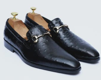 Handmade Black Ostrich Leather Loafers | Exotic Men's Formal Slip-On Dress Shoes