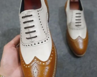 Handmade Two-Tone Leather Spectator Derby Shoes: Wingtip Brogue