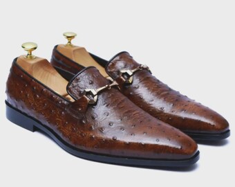 Handmade Brown Ostrich Leather Loafers: Men's Bespoke Formal Shoes