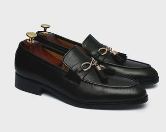 Black  Leather Tassel Loafers: Handmade Men's Dress Shoes