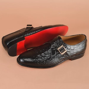 Handmade Black Alligator Crocodile Men Leather Single Monk Strap Dress Shoes image 7