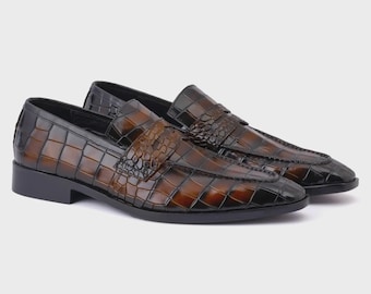 Braune Kroko geprägte Leder Loafers für Herren, handgefertigte formelle Schuhe