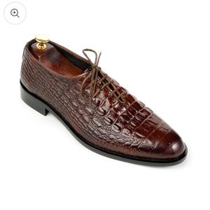 Handcrafted Brown Leather Oxford Shoes, Crocodile Embossed, Goodyear Welt, Formal Business Wedding