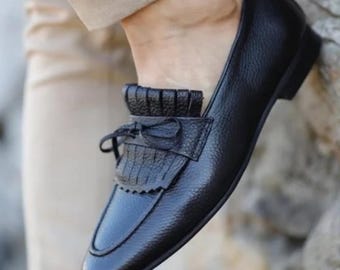 Handmade Black Leather Loafers: Men's Dress Moccasins