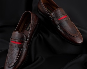 Handmade Authentic Full grain Leather Brown Penny Loafers Classic Formal Shoes