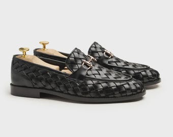 Handgefertigte gewebte schwarze Leder Loafers: Herren Luxus Slip-On Abendschuhe