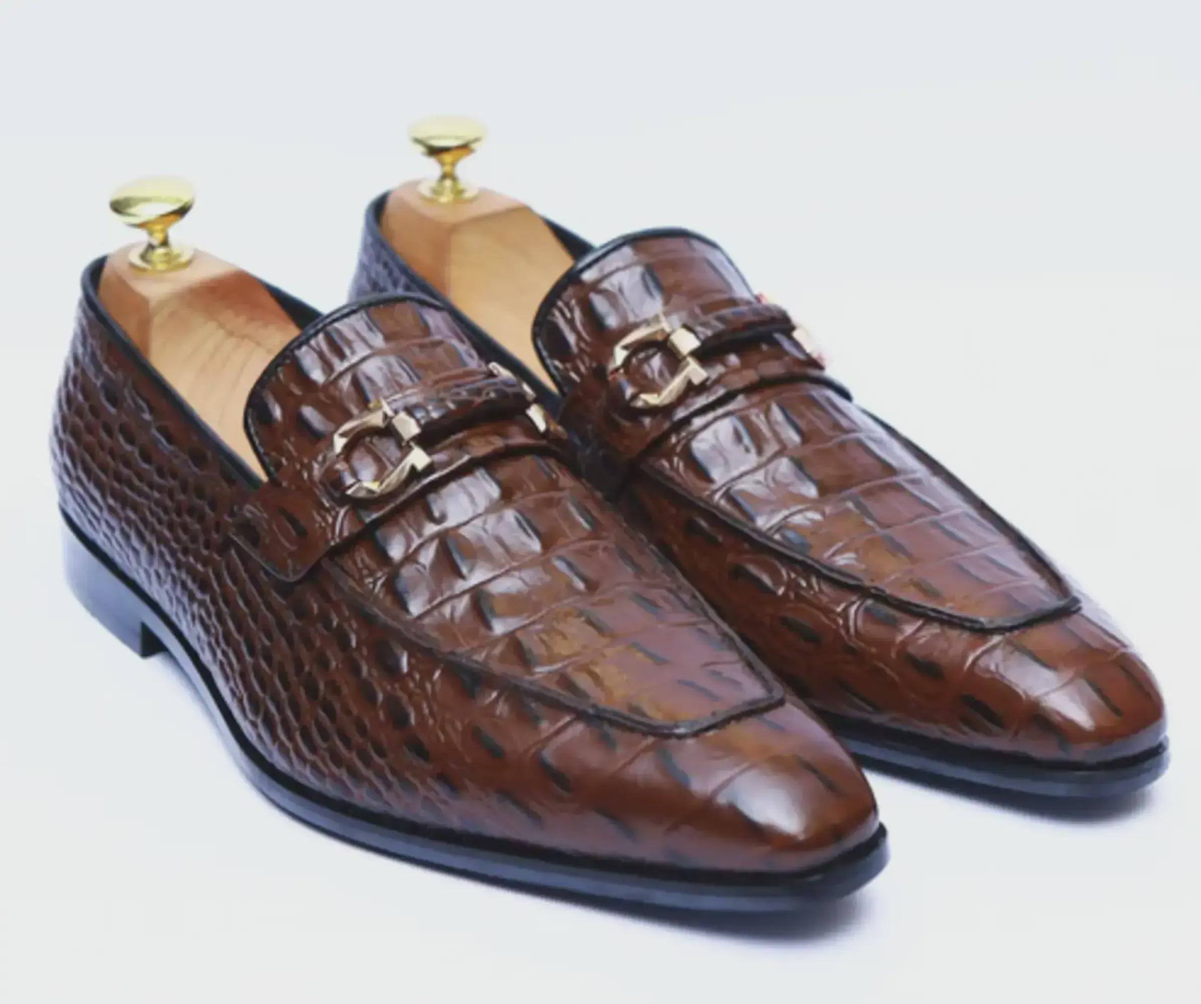 thumbnail image 2 of Handmade Men's Brown Crocodile Leather Moccasin - Dress Loafer Shoes, Formal Wear (EU 45 / US 10.5) 2 of 5
