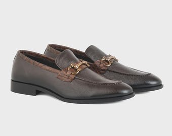 Handmade Brown Horsebit Loafers for Men, Luxury Leather Slip On Shoes, Formal Dress Footwear, Wedding Groom Loafers, Business Casual Style