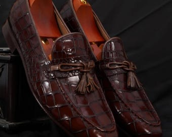 Handmade Black Crocodile Leather Loafers:| Brown Luxury Tassel Slip-On Shoes for Men