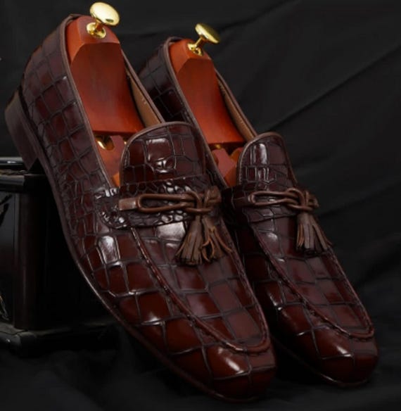 Handmade Black Crocodile Leather Loafers:| Brown Luxury Tassel Slip-On Shoes for Men