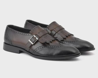 Handmade Men's Kiltie Monk Strap Dress Shoes, Brown Black Leather Brogues, Wedding Footwear