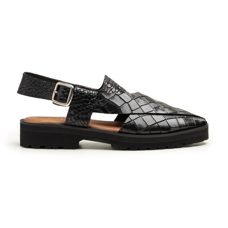 Handmade Black Crocodile Pattern Peshawari Sandals – Men’s Leather Traditional image 5
