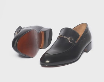 Handmade Black Leather Loafer Shoes – Men's Formal Dress Footwear