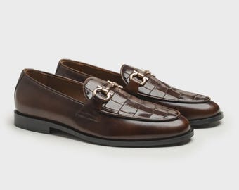 Handmade Brown Horsebit Loafers for Men, Croc Embossed Leather Dress Shoes, Luxury Slip On Footwear, Wedding Groom Shoes