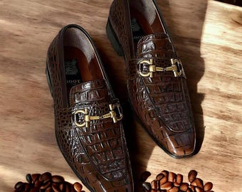 Handmade Croc Leather Loafers, Italian Leather Sole Shoes, Formal Dress