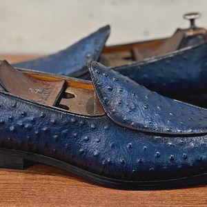 Handmade Blue Ostrich Leather Loafers: Men's Slip-On Shoes image 2