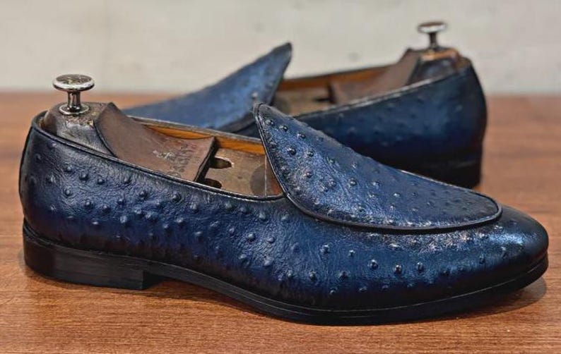 Handmade Blue Ostrich Leather Loafers: Men's Slip-On Shoes image 2
