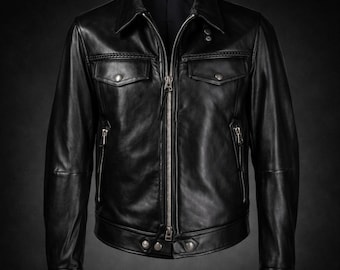 Handmade Mens Black Cowhide Leather Jacket, Classic Biker Style