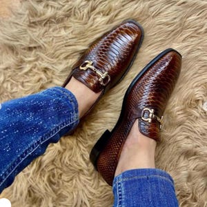 Handmade Brown Python Leather Horsebit Loafers Men's Luxury Slip On Shoes