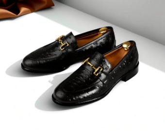 Handmade Black Ostrich Leather  Loafers | Luxury Slip-On Dress Shoes for Men