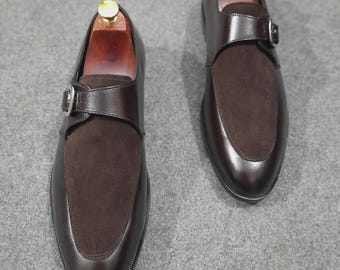Handmade Two Tone Suede & Leather Monk Strap Shoes