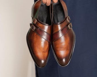 Men's Handmade Brown Leather Monk Strap Shoes