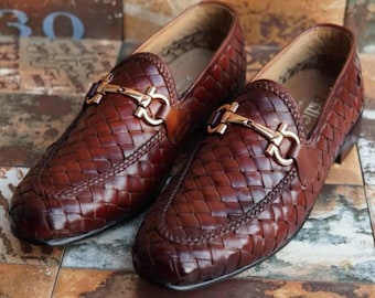 Handmade Brown Woven Horsebit Loafers Mens Leather Dress Shoes Luxury Slip On Formal Footwear