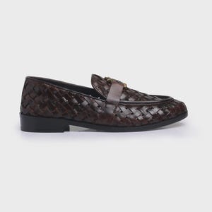 Handmade brown woven leather loafers for men with gold bee ornament, luxury slip-on formal dress shoes.