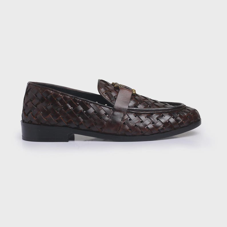 Handmade brown woven leather loafers for men with gold bee ornament, luxury slip-on formal dress shoes.