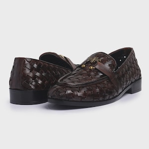 Handmade brown woven leather loafers for men with gold bee ornament, luxury slip-on formal dress shoes.